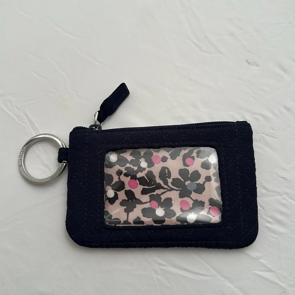 Vera Bradley navy blue quilted microfiber zip ID case polished nickel key ring